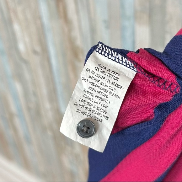 Greyson M Pink & Navy Stripe Pima Cotton Golf Polo Shirt Top Contrast Collar - Picture 8 of 8